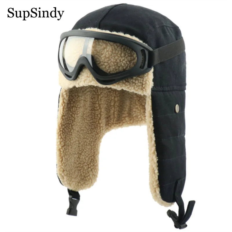 SupSindy Army Military Ushanka Men&Women Windproof Winter Bomber Hats with Goggle Warm Lamb Wool Pilot Earflap Trapper Snow Caps