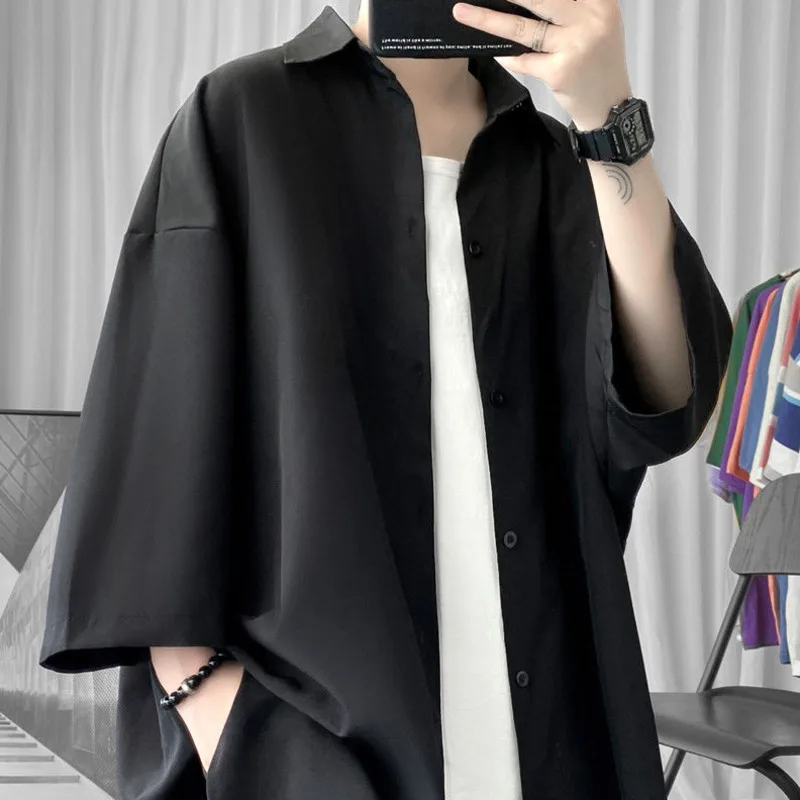 Korean Oversize Shirt Men's Fashion Summer Black White Short-sleeved Shirt Men Streetwear Loose Society Mens Dress Shirt M-2XL