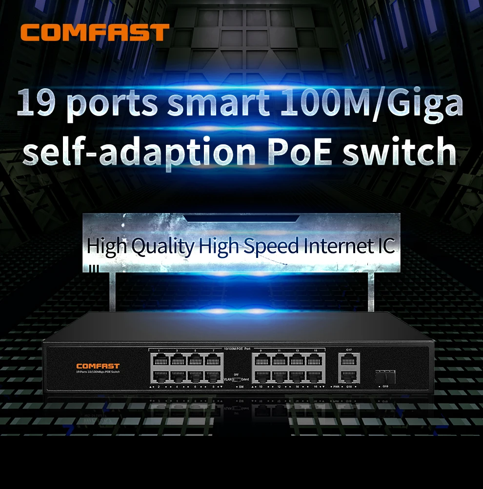 High Speed 100M /Gigabit self Poe Switch 16*10/100M RJ45 Port +2 *10/100/1000M RJ45 UP link Ports +1*1000 SFP 802.3af/at Switch