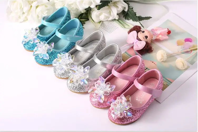 

New ice and snow diamond children's shoes girls performance princess shoes Square heel crystal dress shoes