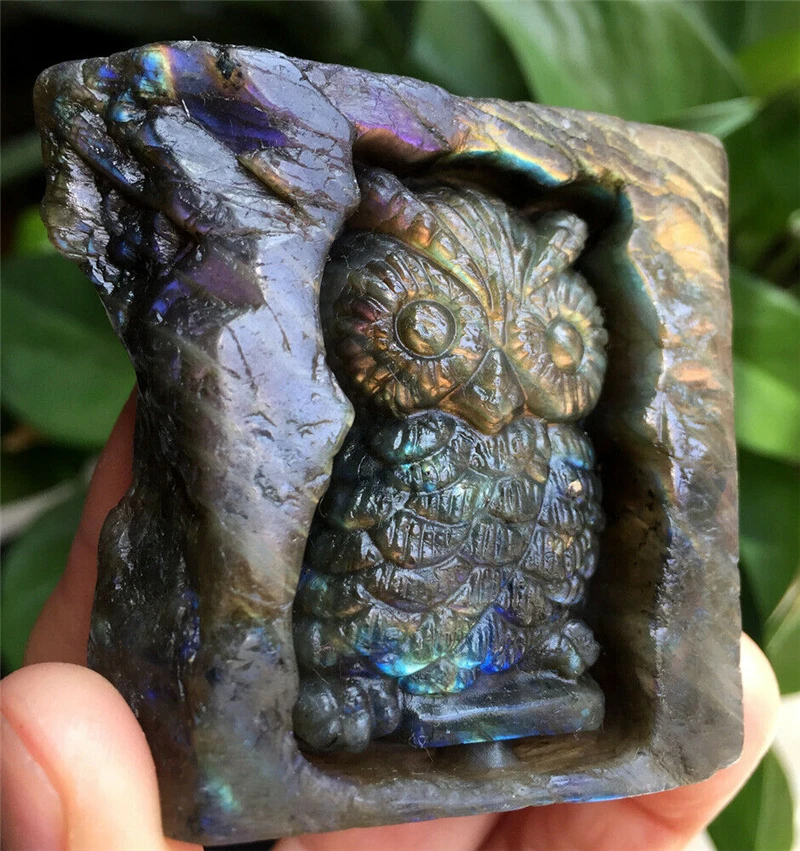 

Beautiful Hand carved natural quartz Labradorite owl healing crystal for gifts