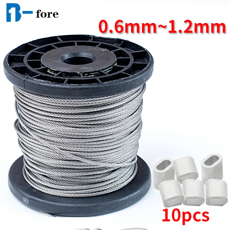 50/100M 0.6mm-1.2mm diameter 7X7 Structur 304 stainless steel wire rope alambre cable softer fishing lifting cable e