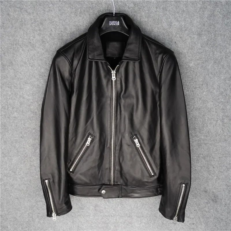 

Black Genuine Leather Jacket Men Sheepskin Fur Coat Real Leather Biker Mens Leather Jackets