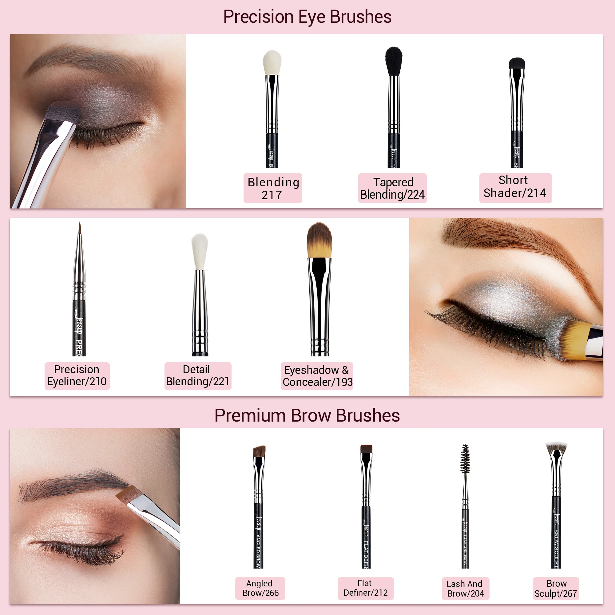 Jessup Eye Makeup Brushes Set 10pcs Synthetic Hair Eyeshadow Blending Eyeliner Lash Spoolie Eyebrow Brush Kits Gift Box T315