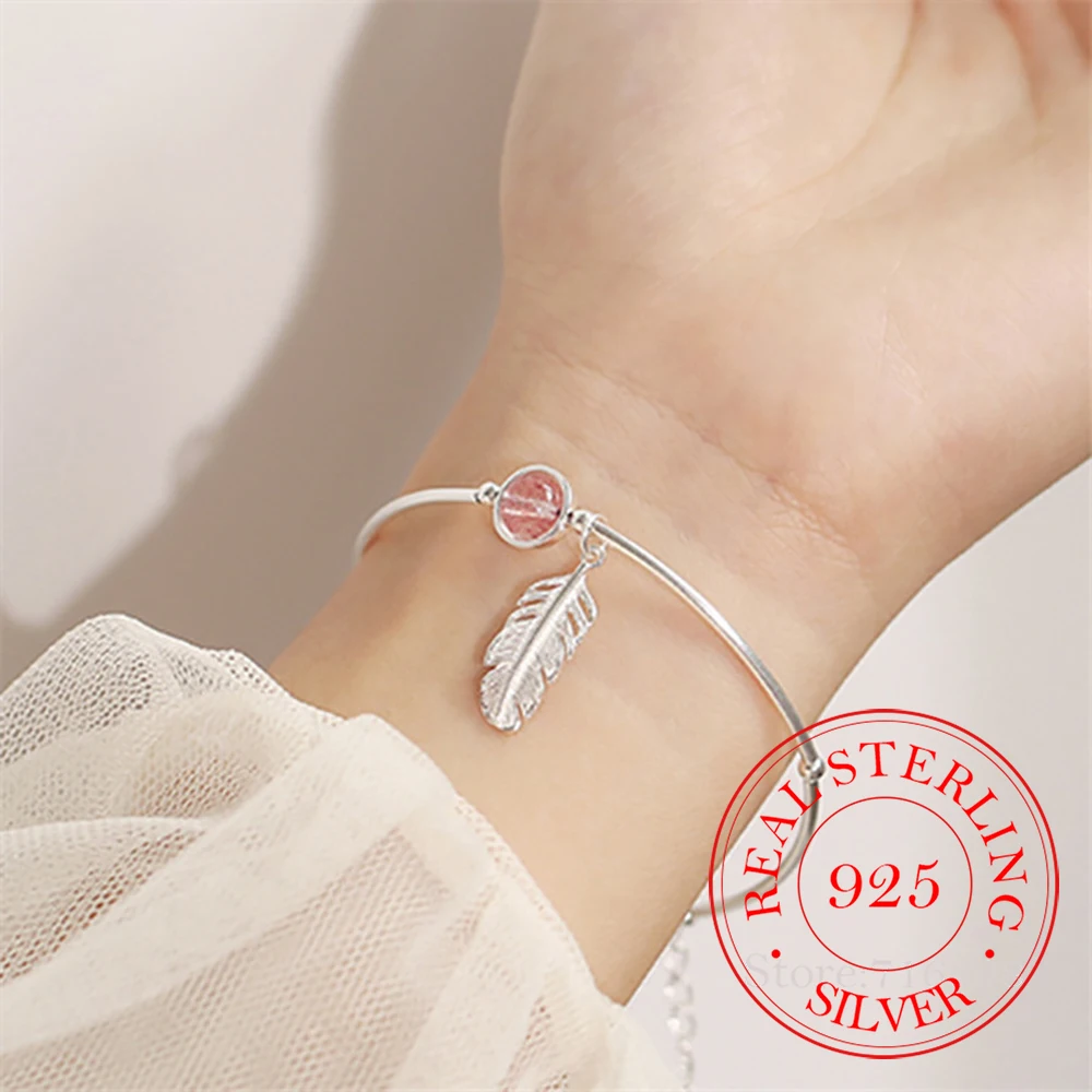 925 Sterling Silver Round Bead Feather Charm Bracelet & Bangles Link Chain Adjustable Braclets For Women Wedding Jewelry