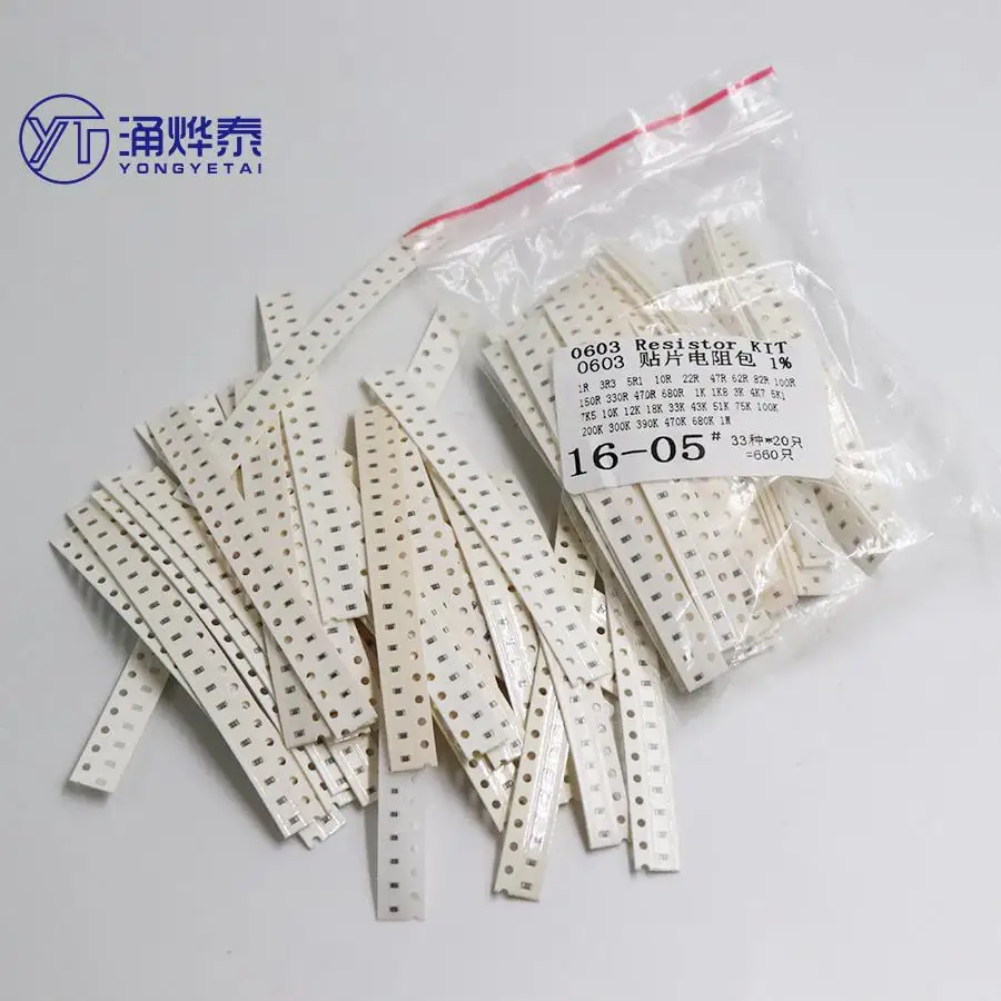 YYT  0603 SMD Resistor Kit Assorted Kit 1ohm-1M ohm 1% 33valuesX20pcs=660pcs Sample Kit