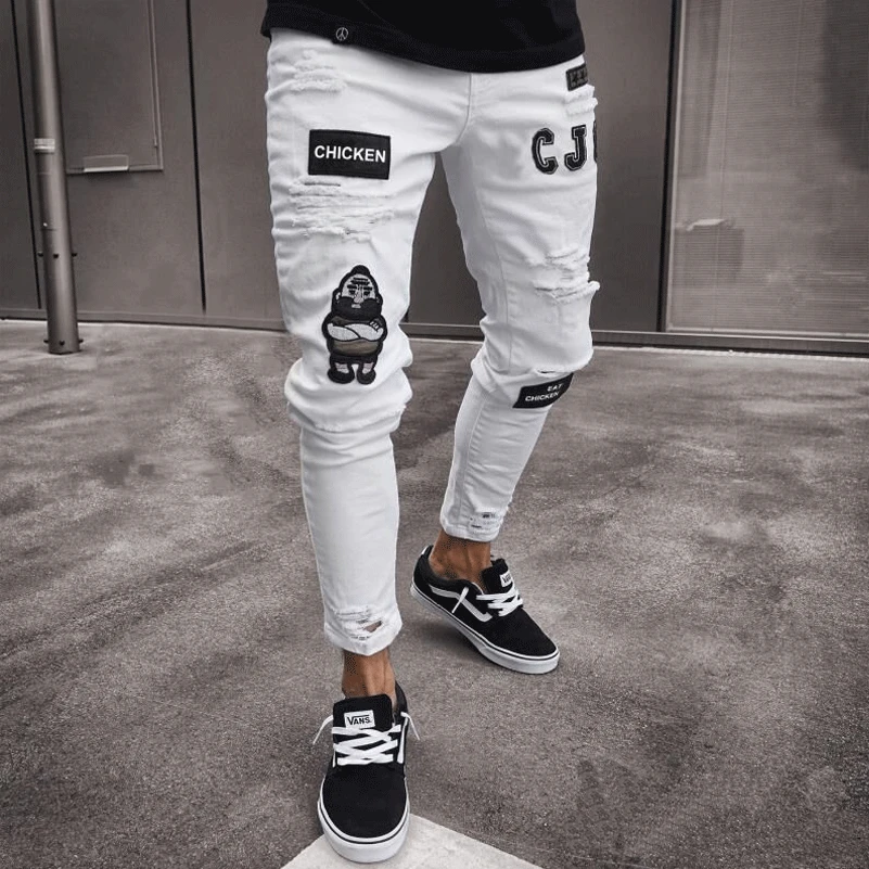 Mens Stretch Ripped Skinny Biker Jeans Pants Destroyed Slim Fit Denim Trousers