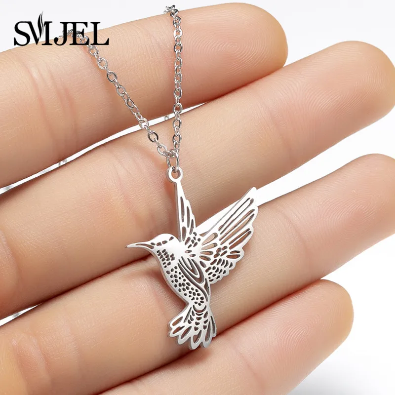 SMJEL Cute Stainless Steel Animal Necklace for Women Jewelry Origami Humingbird Cat Moon Kangaroo Bear Necklaces Bee Choker