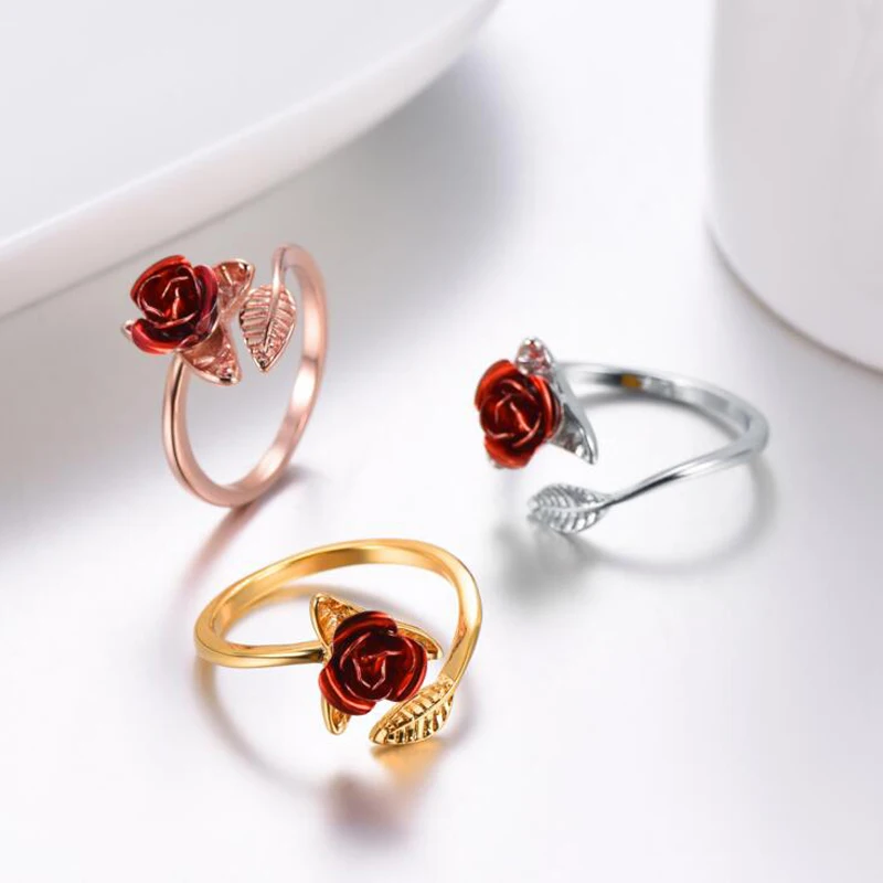 Anillo de apertura de hojas y flores de rosa roja para mujer, sortija ajustable con diamantes de imitación, joyería de compromiso para el Día de San Valentín, regalo