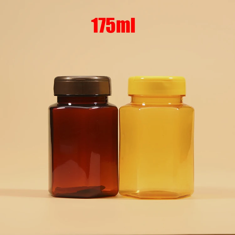 100pcs 175ml Amber / Yellow Color PET Hexagonal Bottles, Capsule Bottles, Plastic Bottle, Pills Container With Flip Caps