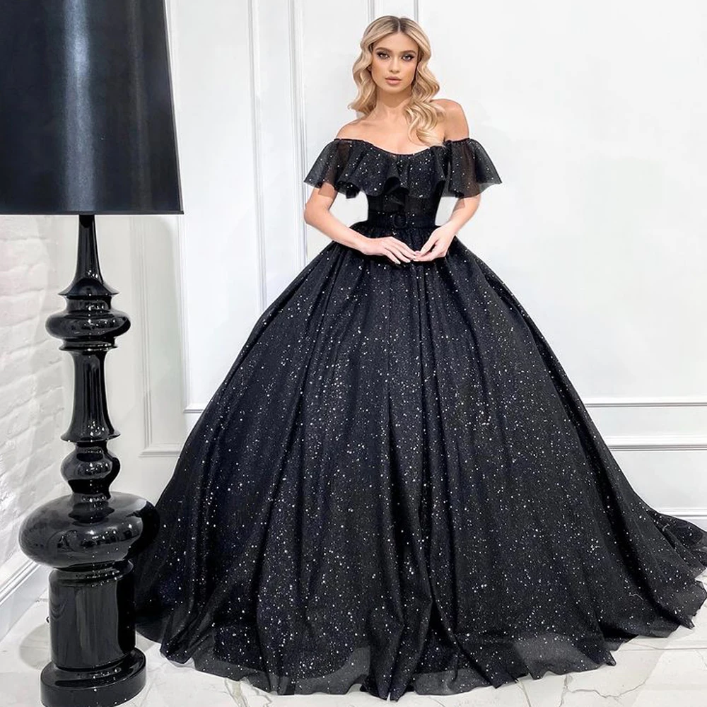 

Newest Starry Black Prom Dresses Ruffle Sleeves Ball Gown Princess Glitter Tulle Party Evening Prom Gowns Corset Back