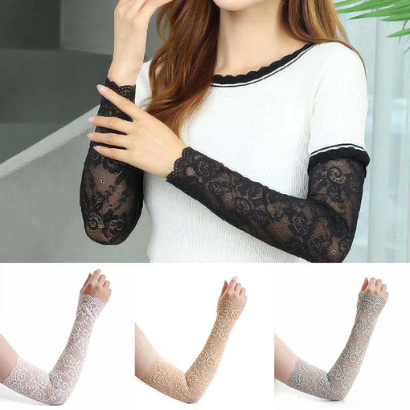 Summer Ice Silk Lace Arm Sleeve Elastic Sleeve Driving Gloves Black White Long Fingerless Mittens Sunscreen Gloves Women