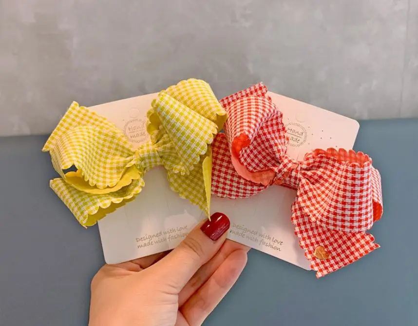 18CM Fashion Cotton Lattice  Bows Hair Clips for Girls Kids Fresh Hairpin Barrettes 2/3pcs/Pack Girls Women Hair Accessories