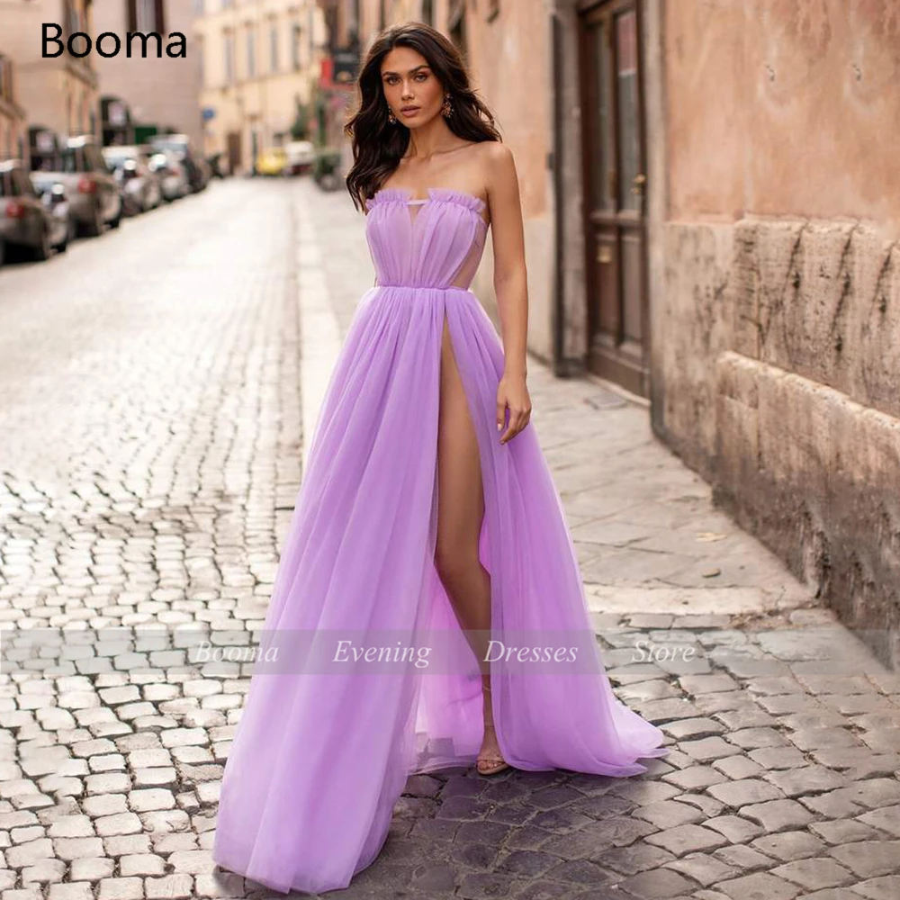 Vestido de baile sem alças estilo lavanda, vestidos de festa e festa de fenda alta e sem manga, plissado, de tule transparente