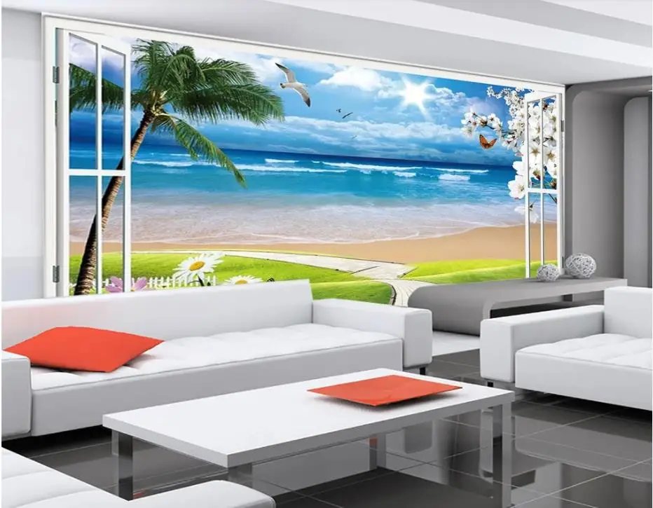 

beautiful scenery wallpapers clear scenery outside the window 3D stereo TV background wall decoration painting