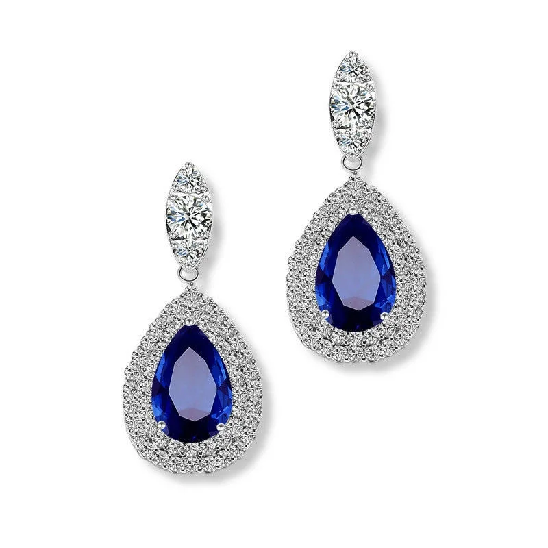 Women\'s Fashion Silver Hoop Pendant Crystal Blue Zircon Earrings Wedding Jewelry