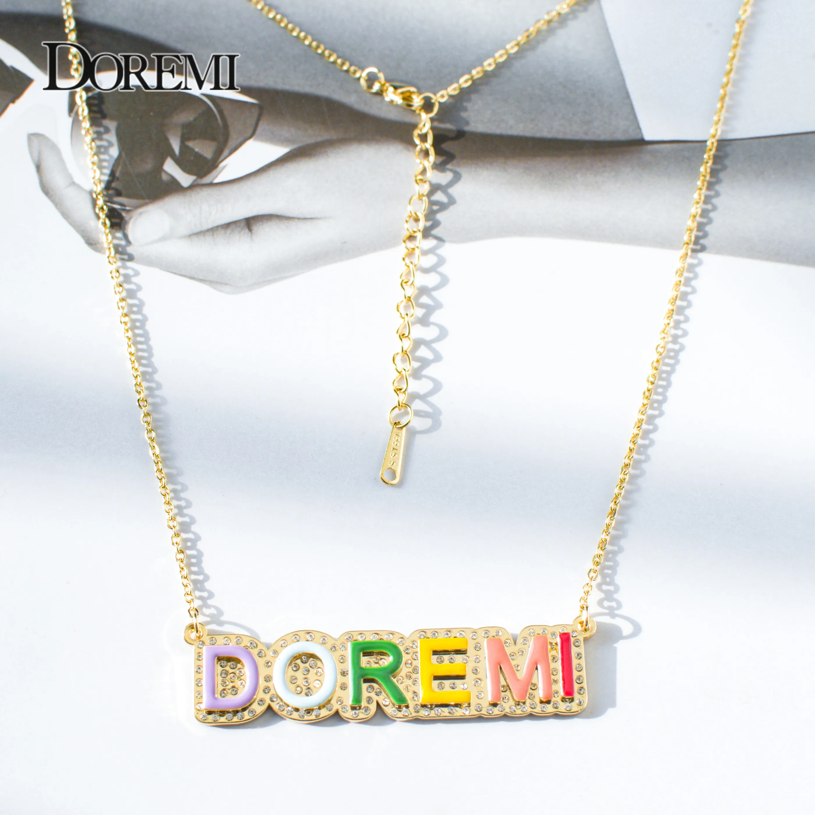 DOREMI Stainless Colorful Enamel Name Necklace Iced Out Chain for Women Personalized Custom Name Necklace Pendant Necklace Gift