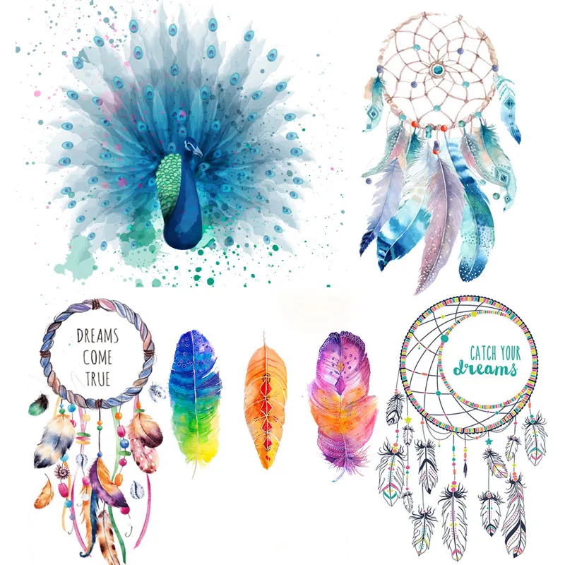 Feather Heat Transfer Iron On Transfers For Clothing Dreamcatcher Patch Thermo Stickers On Clothes Applique Thermal Transfer DIY