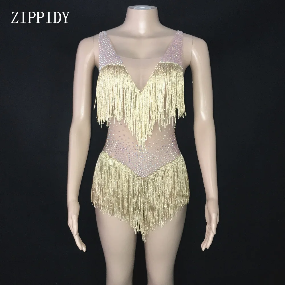 Gold Tassel AB Stones Mesh See Through Bodysuit Birthday Celebrate Dance Outfit DJ Female Singer Show Prom Clothes