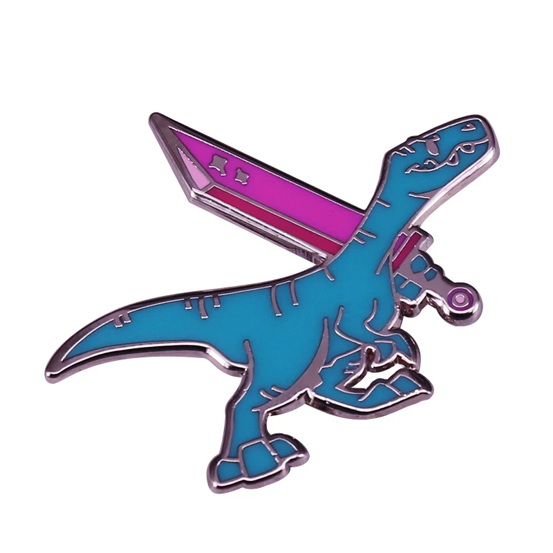 DnD badge features a dinosaur dressed as knight and holding a sword