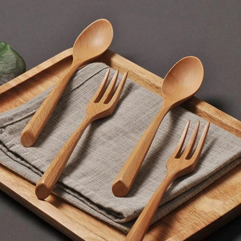 Chopstick Spoons Fork Handmade Japanese Natural Wood Chopsticks Spoon Set with Gift Pocket Beech Tableware