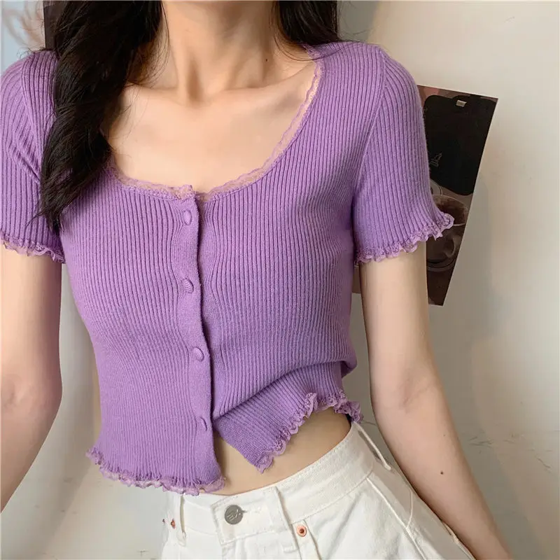 Short Sleeve T-shirts Women Slim Solid Lace O-neck Single Breasted Trendy Chic Sweet Lovely Ulzzang Simple Streetwear Knitted