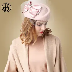 FS Ladies Wool Fedora Hats Wedding Pink Red Black Church Tea Party Fascinator French Berets Winter Pillbox Hat With Veil Hats