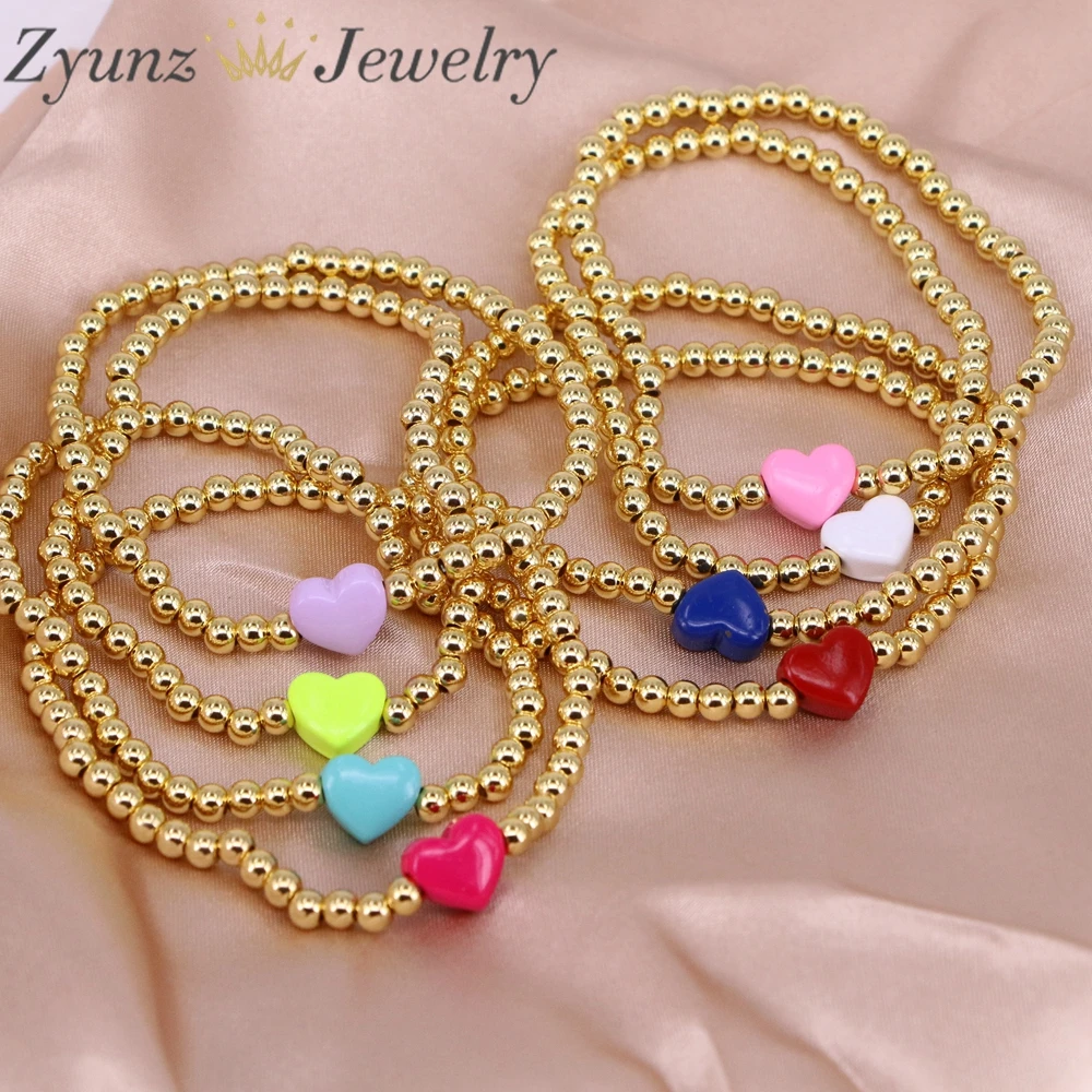 

10PCS, Gold Beaded Enamel Heart Charm Bracelets for Women 2021 Trendy Elastic Heart Bangles Vintage Bracelets