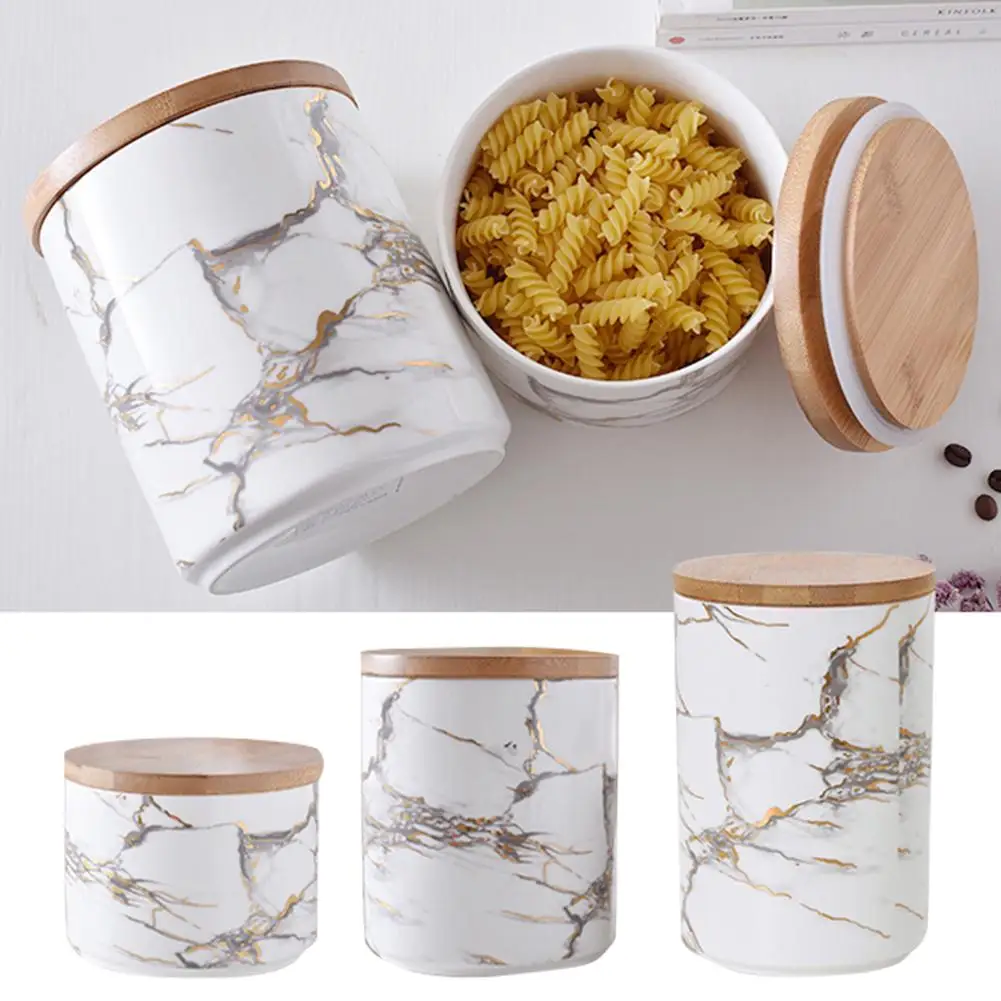 Delicate Ceramic Marble Pattern Candy Plate With Wooden Seal Lid Candy Biscuit Jar Storage Jar Biscuit Coffee Oat Tea Sugar Jar