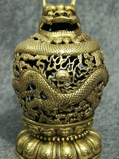 Folk Tibet Brass Buddhism Wealth Pan Dragon Head Statue Incense Burner Censer