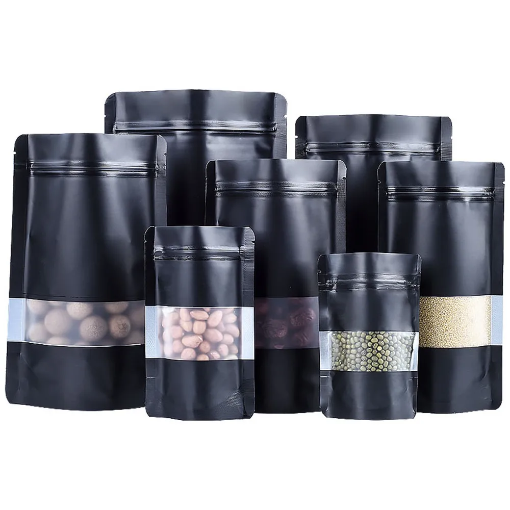 100 sztuk czarna folia aluminiowa blokada stojąca torba z matowym okienkiem wielokrotnego użytku wielokrotnego zamykania Tear Notch Food Doypack Coffee Snack