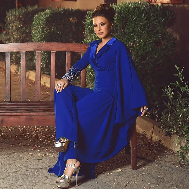 Royal Blue Jumpsuit Evening Dresses Rhinestone Beads Prom Dress Long Sleeve Pants V Neck Special Occasion Party Gown Robe