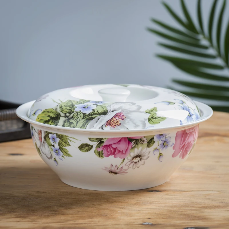 Ceramic large-size vegetable soup basin Chinese household high-quality bone china soup bowl with lid, food pot, tableware