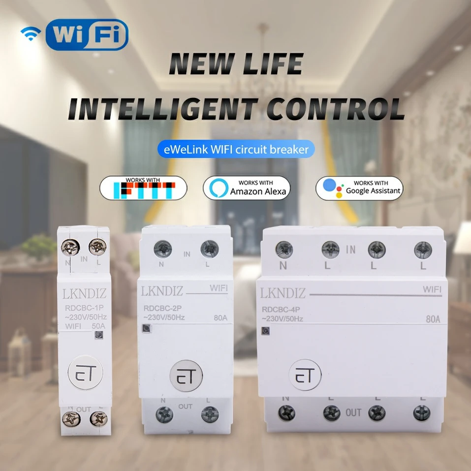 WIFI Circuit Breaker Din Rail Smart Timer Switch Relay, eWeLink APP Control Work With Alexa Google Home 1P 2P 4P 110V 220V