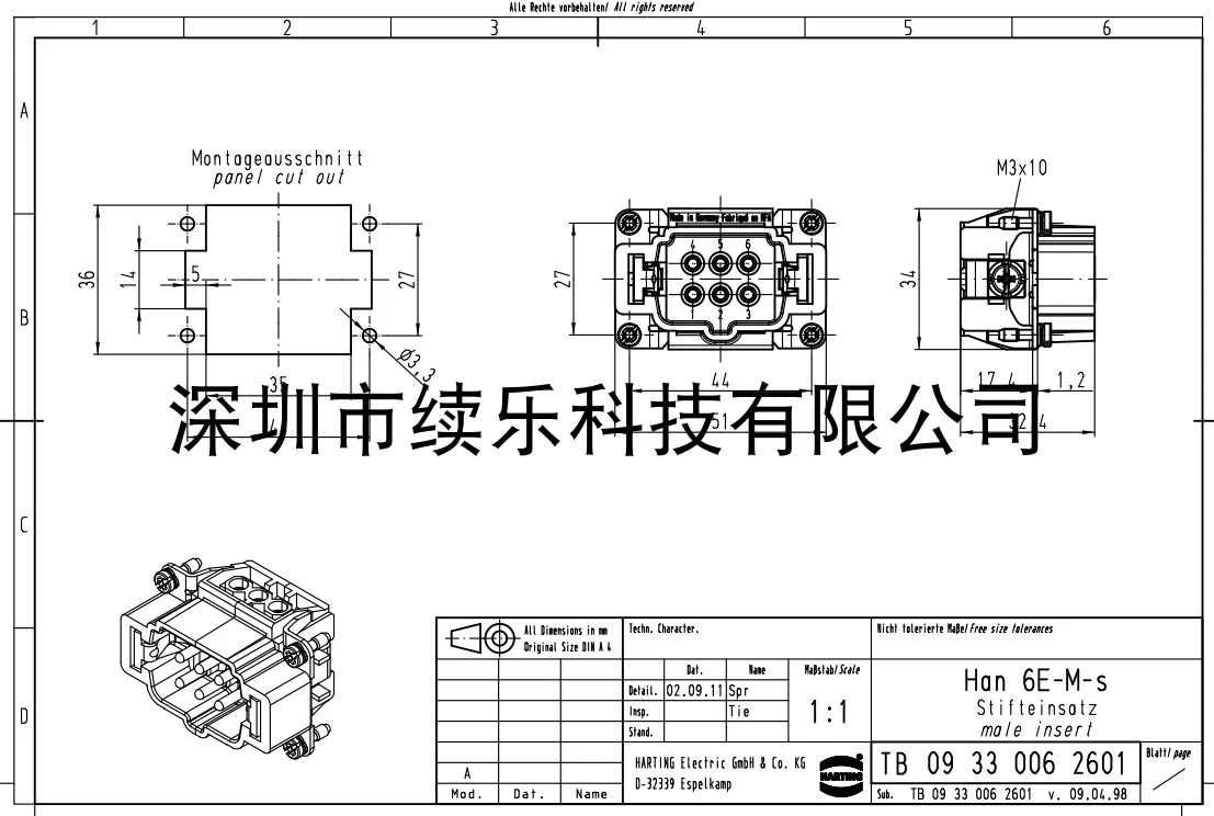 09330062601  GERMAN HARTTING  connector 6-pin male core Han 6 E-STI-S Harding