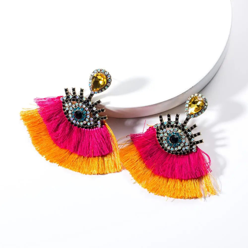 Long Yellow Tassel Earrings Crystal Rhinestone korean Vintage Blue Big Flower eye drop Earrings For Women Christmas earrings