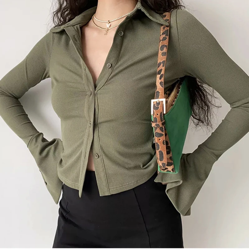 Blouses Polo Revers Single-Breasted Uitlopende Kraag Effen Mouw Vijf-Kleur Vrouwen Slanke Lange Mouwen casual Streetwear Top