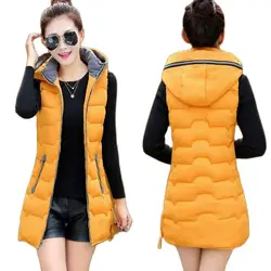 5XL2024 New Autumn Winter Mid-length Down Cotton Women's Vest Coat Solid Color Zipper Hooded Casual Waistcoat Ladies Vest Jacket