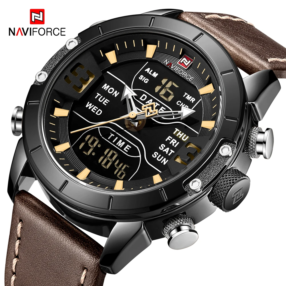 NAVIFORCE Top Brand Luxury Watch Men Military Business Genuine Leather Dual Display Wristwatch LED Date Alarm Men\'s Clock