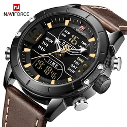 NAVIFORCE Top Brand Luxury Watch Men Military Business Genuine Leather Dual Display Wristwatch LED Date Alarm Men's Clock