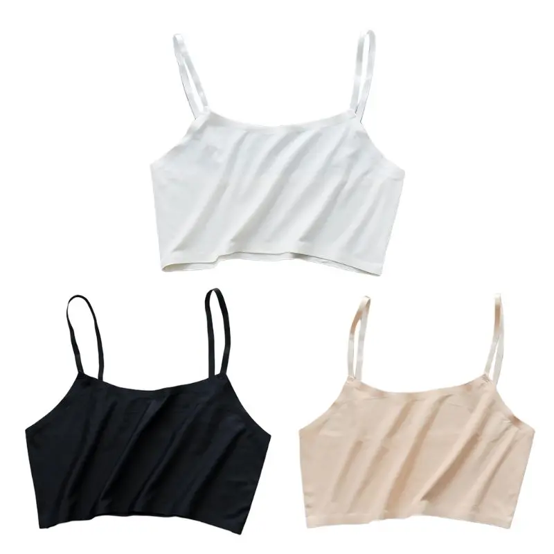 Women Girls Summer Ice Silk Crop Top Spaghetti Strap Seamless Bralette Solid Color Wire Free Basic Stretch Camisole Vest