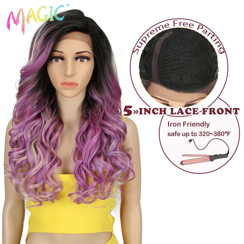 

Magic Synthetic Lace Wig Curly Wig 22 Inch Wavy Blonde Grey Pink Purple Heat Resistant Wigs For Black Woman Cosplay Side Part