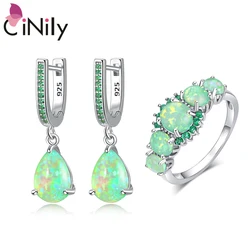 CiNily Lavish Big Green Fire Opal Rings Earring Sets Silver Plated with CZ Crystal Bohemia for Woman Fashion Jewelry Set