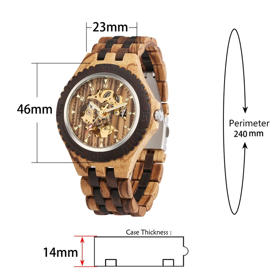 Men Mechanical Retro Ebony Wooden Automatic Watch for Men Golden Skeleton Arabic Numerals Adjustable Wooden Band Wristwatches