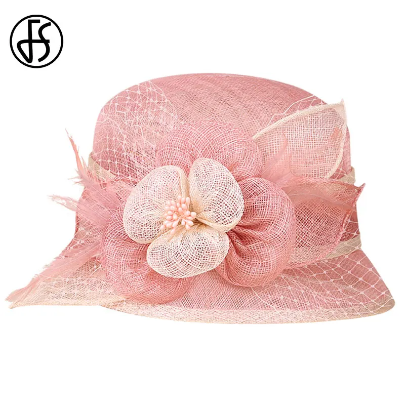 FS Sinamay Hats Women Pink Fedoras Flowers Wide Brim Derby Hat Fascinator For Wedding Church Party Ladies Chapeu Feminino