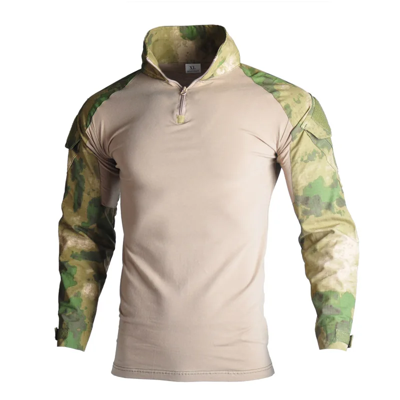 Military Army T-Shirt Men Long Sleeve Camouflage Tactical Shirt Hunt Combat Multicam Camo T Shirt with Elbow Pads