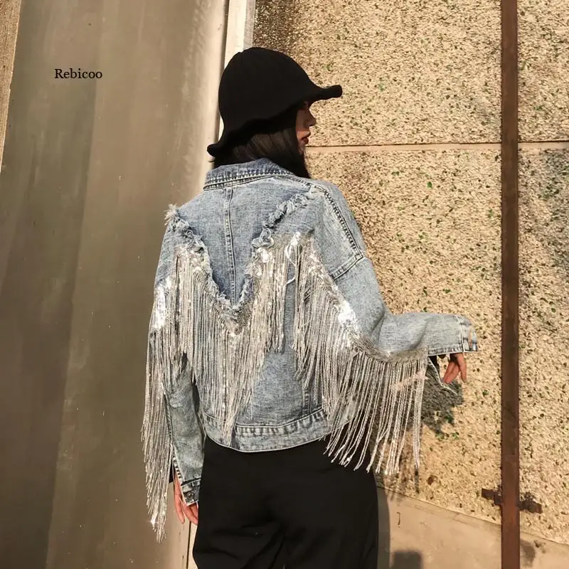 

Women's Denim Jacket Sequins Fringed Loose Autumn New Female Washed Light Blue Short Jean Jacket Chaqueta Mujer