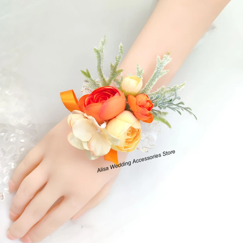 Boutonniere เจ้าบ่าว Corsage Pins สร้อยข้อมือ Bridesmaid ผ้าไหมกุหลาบประดิษฐ์ดอกไม้ Buttonhole แต่งงานอุปกรณ์เสริม