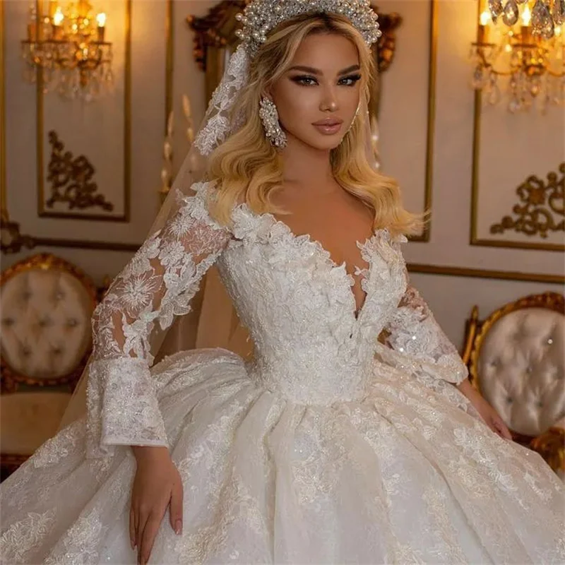 Lace Appliques Wedding Dresses Flared Long Sleeves Bridal Gowns Custom Made Sweetheart Floor Length Vestido de novia