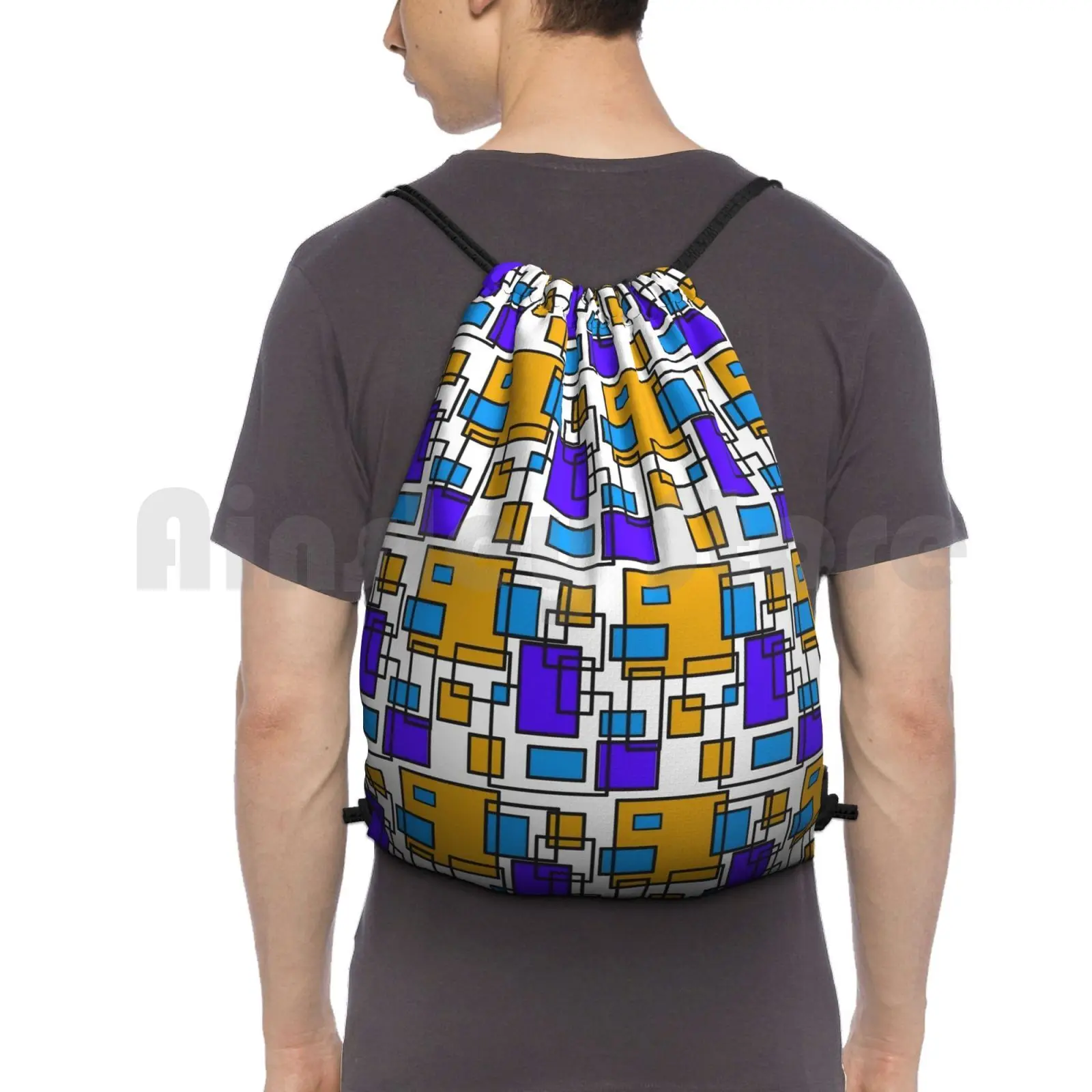 

Blue And Yellow Geometric Seamless Pattern On White Background Backpack Drawstring Bag Riding Climbing Gym Bag Abstract